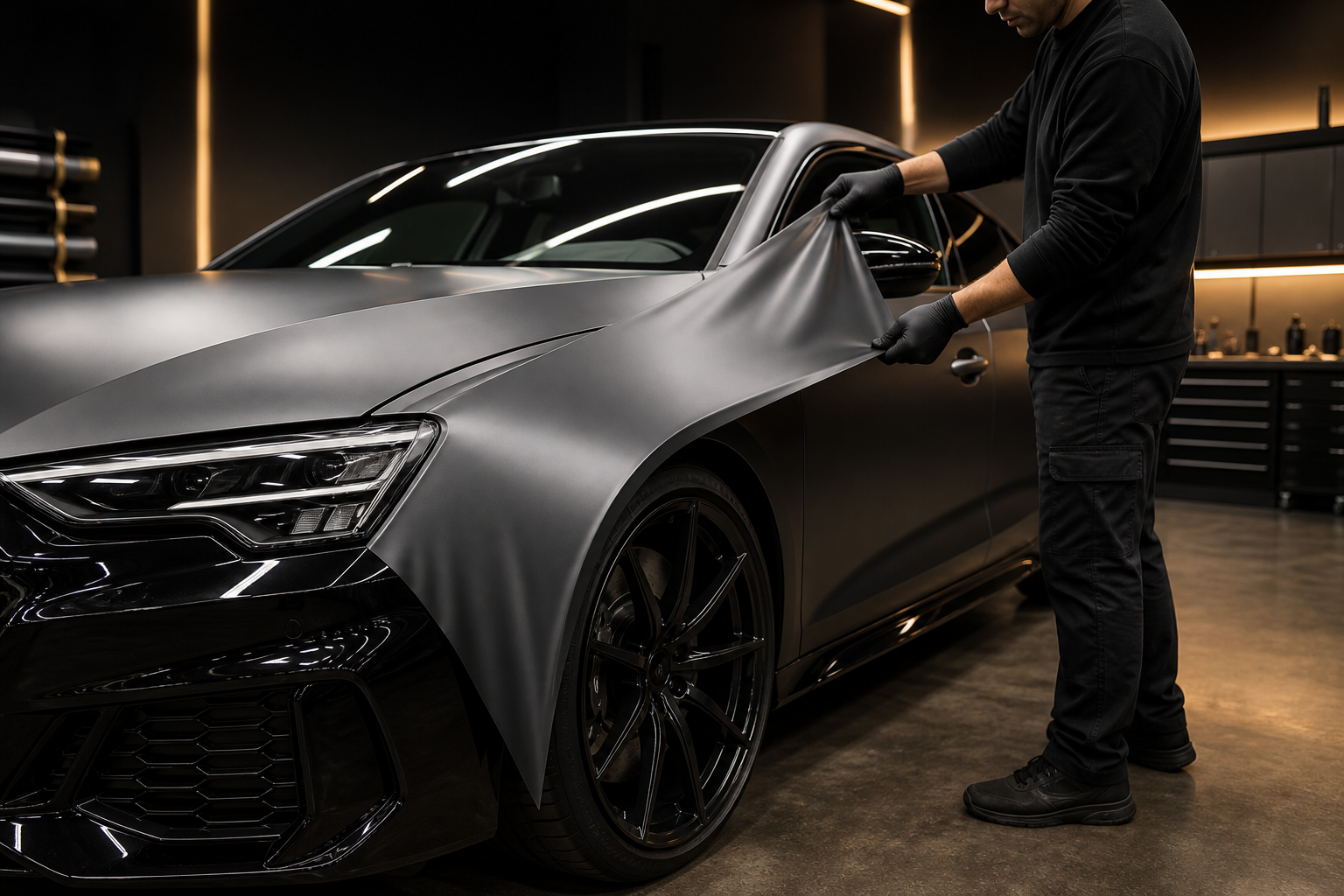 Illustration of satin vehicle wrap being installed across a hood and front fender